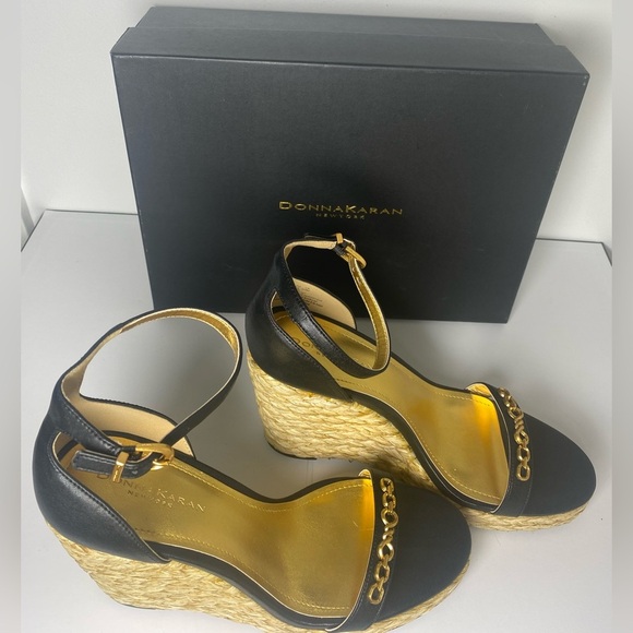 DONNA KARAN NWT & Box Yulissa Ankle Strap Nappa Black & Gold Wedge Sandals - Picture 2 of 7